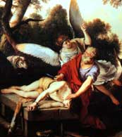 Abraham sacrificing Isaac is stopped by an angel